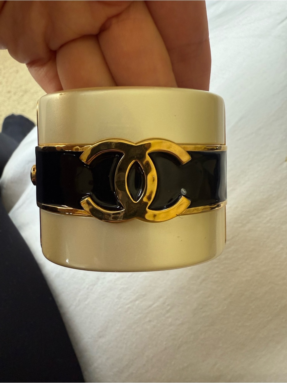 CHANEL Black and Cream Gold-Tone CC Cuff Bracelet